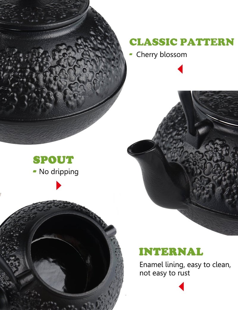 Sotya Cast Iron Teapot, 40oz/1200ml Japanese Tetsubin Tea Pot with Infuser for Loose Leaf and Tea Bags, Tea Kettle Coated with Enameled Interior for Stove Top, Black - Image 3